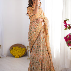 Peach Orange Pure Linen Cotton Handloom Saree with Floral Vine Print and Elegant Pallu Artwork