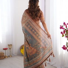 Beige & Rust Pure Linen Cotton Saree with Folk Animal Motif & Floral Print