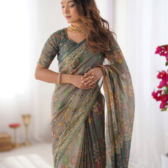 Teal Green Handloom Cotton Saree with Floral Print and Royal Elephant Pallu