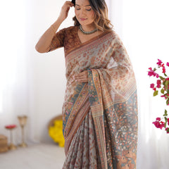 Beige & Rust Pure Linen Cotton Saree with Folk Animal Motif & Floral Print