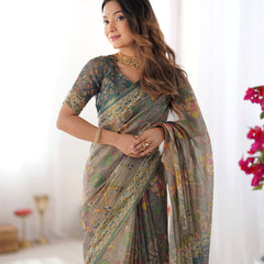 Teal Green Handloom Cotton Saree with Floral Print and Royal Elephant Pallu