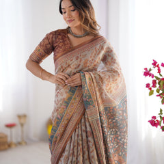 Beige & Rust Pure Linen Cotton Saree with Folk Animal Motif & Floral Print