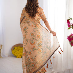 Peach Orange Pure Linen Cotton Handloom Saree with Floral Vine Print and Elegant Pallu Artwork