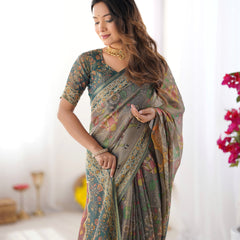 Teal Green Handloom Cotton Saree with Floral Print and Royal Elephant Pallu