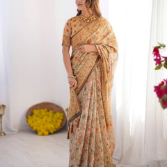 Peach Orange Pure Linen Cotton Handloom Saree with Floral Vine Print and Elegant Pallu Artwork