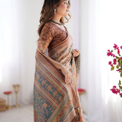 Beige & Rust Pure Linen Cotton Saree with Folk Animal Motif & Floral Print