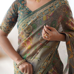 Teal Green Handloom Cotton Saree with Floral Print and Royal Elephant Pallu