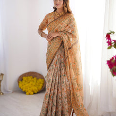 Peach Orange Pure Linen Cotton Handloom Saree with Floral Vine Print and Elegant Pallu Artwork
