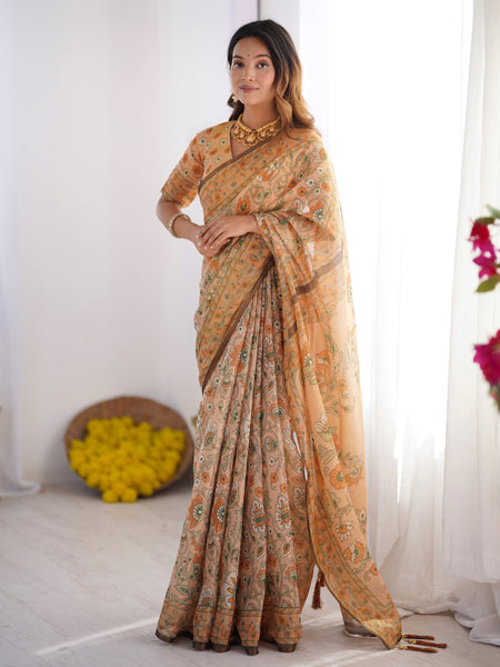 Peach Orange Pure Linen Cotton Handloom Saree with Floral Vine Print and Elegant Pallu Artwork