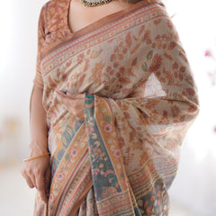 Beige & Rust Pure Linen Cotton Saree with Folk Animal Motif & Floral Print