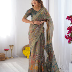 Teal Green Handloom Cotton Saree with Floral Print and Royal Elephant Pallu