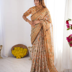 Peach Orange Pure Linen Cotton Handloom Saree with Floral Vine Print and Elegant Pallu Artwork