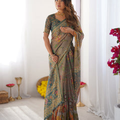 Teal Green Handloom Cotton Saree with Floral Print and Royal Elephant Pallu