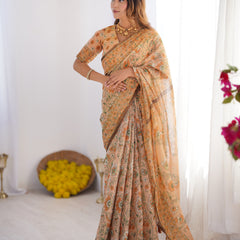 Peach Orange Pure Linen Cotton Handloom Saree with Floral Vine Print and Elegant Pallu Artwork