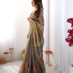 Teal Green Handloom Cotton Saree with Floral Print and Royal Elephant Pallu