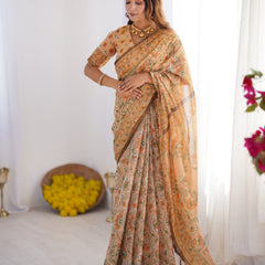 Peach Orange Pure Linen Cotton Handloom Saree with Floral Vine Print and Elegant Pallu Artwork