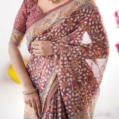 Maroon Pure Linen Cotton Handloom Saree with Floral Buti Print and Madhubani Fish Art Pallu