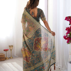 Teal Green Handloom Cotton Saree with Floral Print and Royal Elephant Pallu