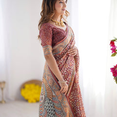 Maroon Pure Linen Cotton Handloom Saree with Floral Buti Print and Madhubani Fish Art Pallu