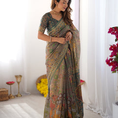 Teal Green Handloom Cotton Saree with Floral Print and Royal Elephant Pallu