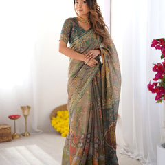 Teal Green Handloom Cotton Saree with Floral Print and Royal Elephant Pallu