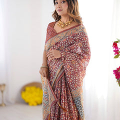 Maroon Pure Linen Cotton Handloom Saree with Floral Buti Print and Madhubani Fish Art Pallu