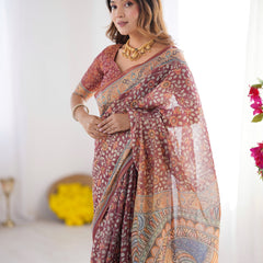 Maroon Pure Linen Cotton Handloom Saree with Floral Buti Print and Madhubani Fish Art Pallu
