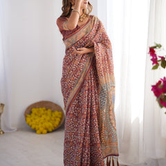 Maroon Pure Linen Cotton Handloom Saree with Floral Buti Print and Madhubani Fish Art Pallu