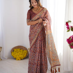 Maroon Pure Linen Cotton Handloom Saree with Floral Buti Print and Madhubani Fish Art Pallu