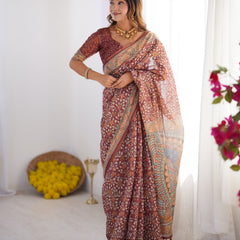 Maroon Pure Linen Cotton Handloom Saree with Floral Buti Print and Madhubani Fish Art Pallu