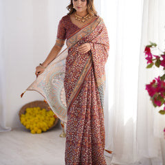 Maroon Pure Linen Cotton Handloom Saree with Floral Buti Print and Madhubani Fish Art Pallu