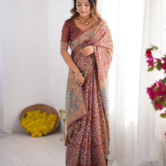 Maroon Pure Linen Cotton Handloom Saree with Floral Buti Print and Madhubani Fish Art Pallu