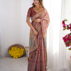 Maroon Pure Linen Cotton Handloom Saree with Floral Buti Print and Madhubani Fish Art Pallu