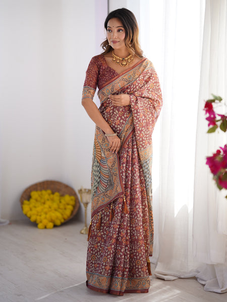 Maroon Pure Linen Cotton Handloom Saree with Floral Buti Print and Madhubani Fish Art Pallu
