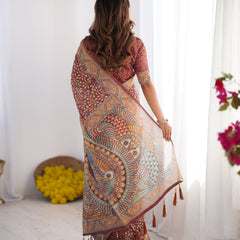 Maroon Pure Linen Cotton Handloom Saree with Floral Buti Print and Madhubani Fish Art Pallu