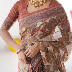 Rust Beige Pure Linen Cotton Saree with Paisley Motifs and Mandala Artwork
