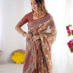 Rust Beige Pure Linen Cotton Saree with Paisley Motifs and Mandala Artwork