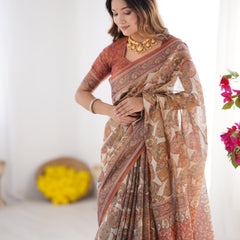 Rust Beige Pure Linen Cotton Saree with Paisley Motifs and Mandala Artwork
