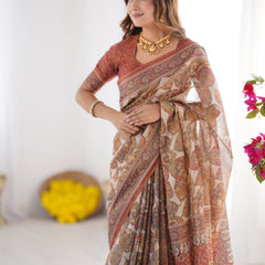 Rust Beige Pure Linen Cotton Saree with Paisley Motifs and Mandala Artwork