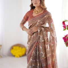 Rust Beige Pure Linen Cotton Saree with Paisley Motifs and Mandala Artwork