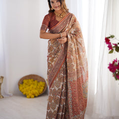 Rust Beige Pure Linen Cotton Saree with Paisley Motifs and Mandala Artwork