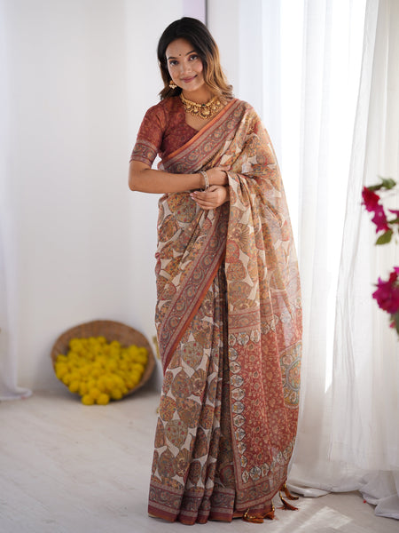 Rust Beige Pure Linen Cotton Saree with Paisley Motifs and Mandala Artwork
