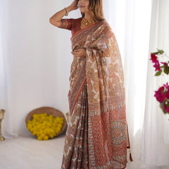 Rust Beige Pure Linen Cotton Saree with Paisley Motifs and Mandala Artwork