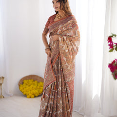 Rust Beige Pure Linen Cotton Saree with Paisley Motifs and Mandala Artwork