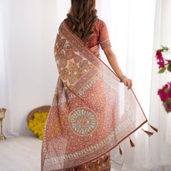 Rust Beige Pure Linen Cotton Saree with Paisley Motifs and Mandala Artwork