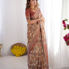 Rust Beige Pure Linen Cotton Saree with Paisley Motifs and Mandala Artwork