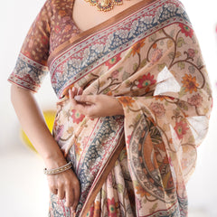 Handloom Linen Cotton Printed Saree with Traditional Mithila Art Pallu – Earthy Beige & Maroon