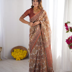 Handloom Linen Cotton Printed Saree with Traditional Mithila Art Pallu – Earthy Beige & Maroon