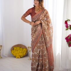 Handloom Linen Cotton Printed Saree with Traditional Mithila Art Pallu – Earthy Beige & Maroon
