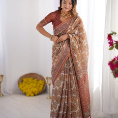 Handloom Linen Cotton Printed Saree with Traditional Mithila Art Pallu – Earthy Beige & Maroon